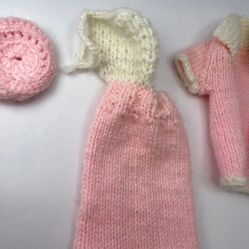 Vintage Handmade Knit Barbie Doll Outfit Set Halter Dress Sweater Hat Pink White